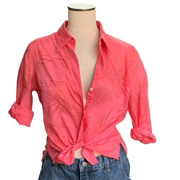 Liz Claiborne Villager Button Front Shirt Novelty Palm Tree Print Sz 8 Pink 26B - Picture 1 of 10